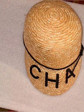 CHANEL Natural Straw Cap Visor with Black Trim and Logo